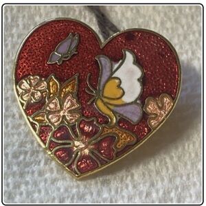 VINTAGE CLOISONNE HEART Butterfly Flower Heart-Shaped Red Enamel Brooch